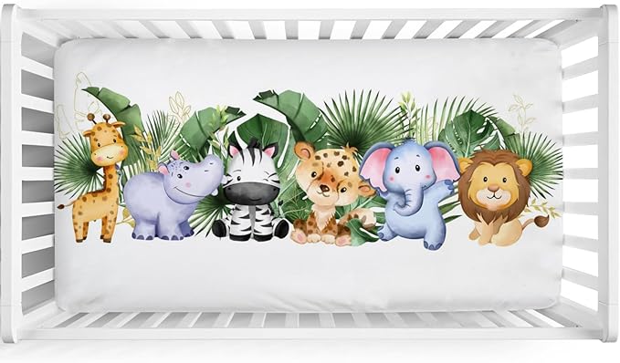 Baby Jungle Safari Animals Tropical Leaves Flowers Baby Crib Sheet 52''x28'' Fitted Crib Mattress Cover for Boy Girl Nursery Toddler Bed Sheet Fits Standard Crib and Toddler Mattresses Leaves