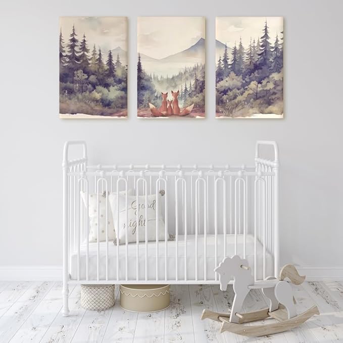 Fox Family Nursery Decor Print Vintage Family of Three Animal Wall Art Set of 3 Woodland Nursery Wall Decor Mountain Forest Nature Poster for Kid Baby Boy Girl Room Decor Framed Canvas 12"x16"x3