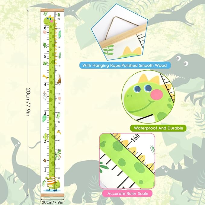 Mibote Baby Growth Height Chart Handing Ruler Wall Decor for Kids, Canvas Removable Height Growth Chart 79" x 7.9" (Dinosaur)