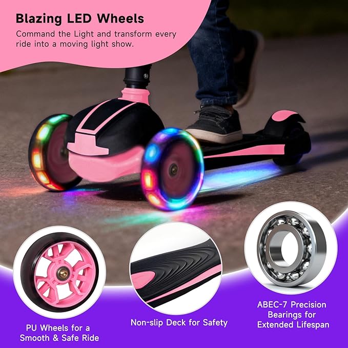 Nattork Kids Scooter for Age 3-8, Toddler Scooter with 4 Adjustable Height for Boys & Girls, Light Up 3-Wheels Foldable Kick Scooter, Lean to Steer, 120LB Weight Capacity