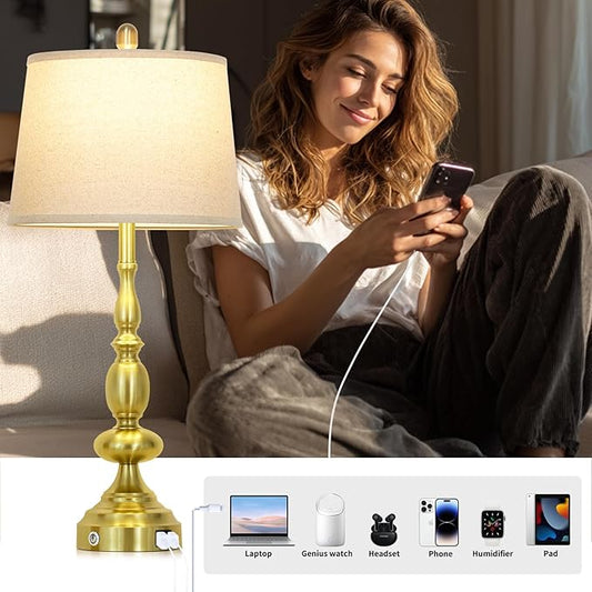 29" Modern Table Lamps Set of 2, Gold Touch Control 3-Way Dimmable Bedside Lamp with USB C+A Ports, Industrial Metal Farmhouse Nightstand Lamps for Living Room Bedroom End Tables(2 LED Bulbs Included)