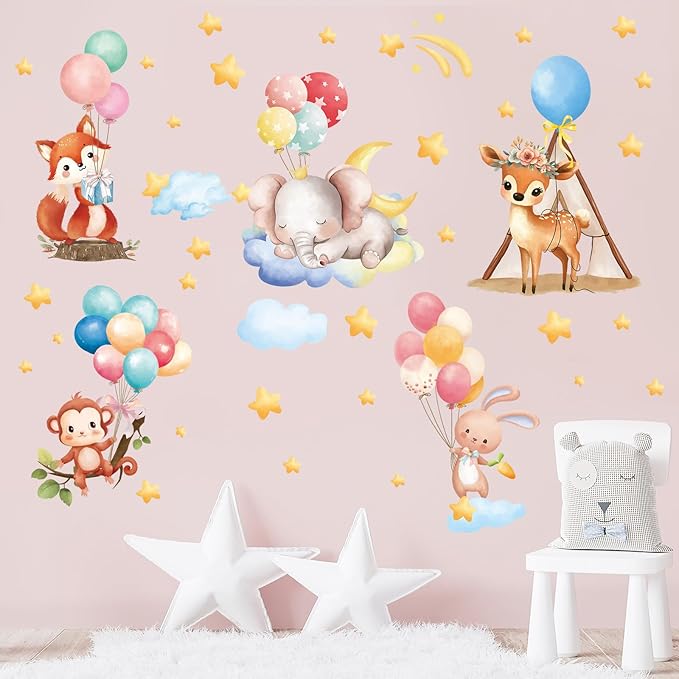 SHUCHING Animal Balloon Wall Decals Peel and Stick, Vinyl Elephant Fox Monkey Wall Sticker, Wall Decor for Girl Nursery Baby Playroom Kids Bedroom