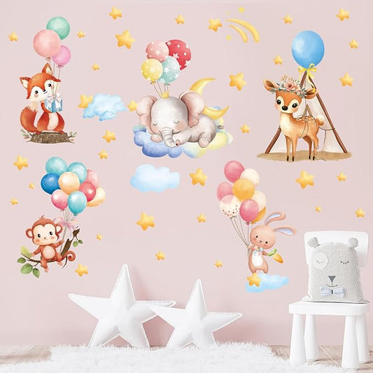 SHUCHING Animal Balloon Wall Decals Peel and Stick, Vinyl Elephant Fox Monkey Wall Sticker, Wall Decor for Girl Nursery Baby Playroom Kids Bedroom