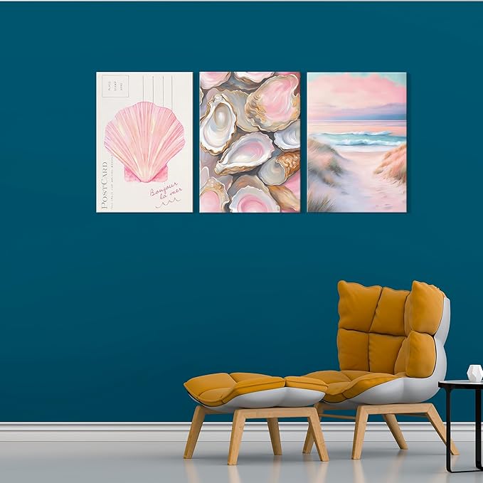 Framed Preppy Coastal Canvas Wall art Pink Beach Daughter Aesthetic Room Wall Decor Shells Oyster Paintings Picture Summer Poster Print for Girls Room Girls Dorm Home Decoration 16'' x 12''
