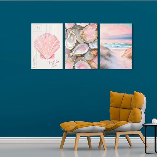 Framed Preppy Coastal Canvas Wall art Pink Beach Daughter Aesthetic Room Wall Decor Shells Oyster Paintings Picture Summer Poster Print for Girls Room Girls Dorm Home Decoration 16'' x 12''