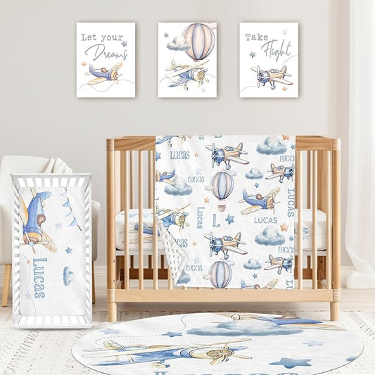 Custom Baby Crib Bedding Set,Personalized Name Toy Airplane Pattern Nursery Bed Set 4 Piece,Baby Blanket Fitted Sheet Nursery Rug Wall Art Set,Custom Room Decor Idea Gift for Newborns Boys Girls