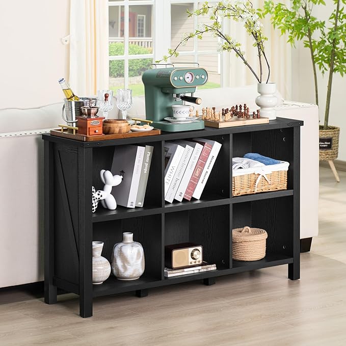 Joaxswe 6 Cube Bookcase, Farmhouse Wood Low Storage Organizer Book Shelf, Black 47" Horizontal Console Bookshelf with Legs, Hallway Book Case for Entryway, Display Cabinet for Living Room, Office
