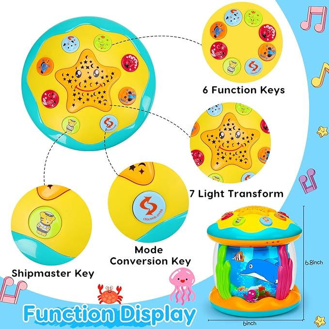 Tsomtto Baby Musical Light Up Tummy Time Toy Ocean Rotating Projector Infant 18 Month Baby Aquarium Learning Crawling Birthday Newborn for 1 2 3 Year Old Boy Girl