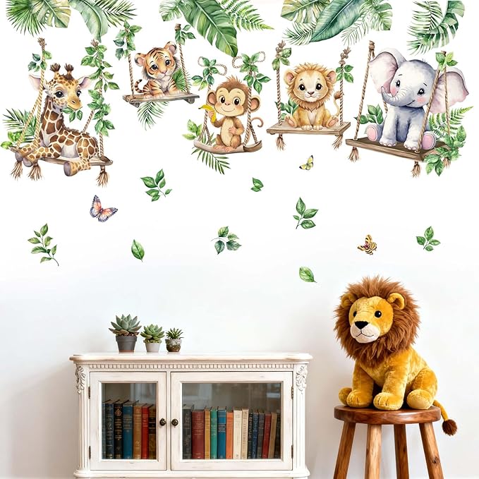 Jungle Animal Wall Decals for Baby: Animals Son Swings Nursery Room Decor with Peel and Stick Removable Vinyl Wall Stickers for Kids Bedroom Safe and Easy to Apply - Ages 0-12 Years