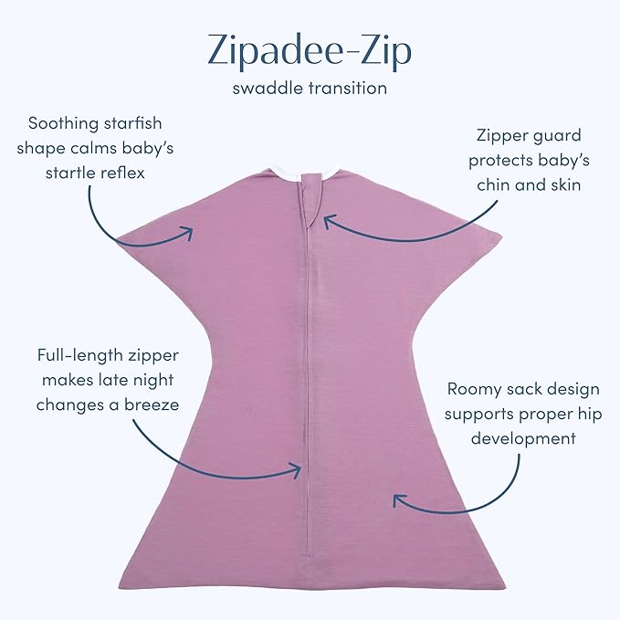 SleepingBaby Zipadee-Zip Transition Swaddle - Cozy Baby Swaddle Blanket with Zipper Convenience - Roomy Wearable Blanket for Easy Diaper Changes - Classic Lavender, Medium (6-12 Month)
