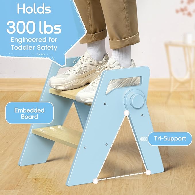 HOMEKOL Toddler Kids Step Stool: Wooden 2 Step Stool for Bathroom Sink, Foldable, Blue