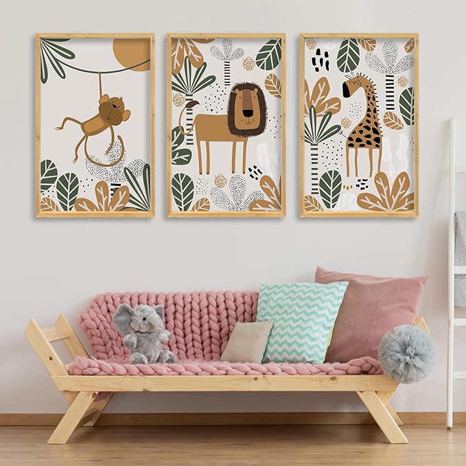comurdyo Kids Cute Animal Wall Art Set of 3 Framed Safari Prints Cartoon Lion Monkey Giraffe Sign 16×11 Inch for Baby Room Toddler Nursery Children's Room Boho Rustic Wood Framed Hanging Decor (Wood)