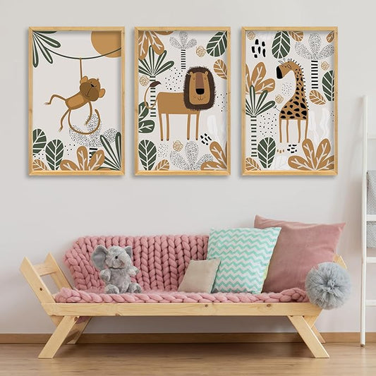comurdyo Kids Cute Animal Wall Art Set of 3 Framed Safari Prints Cartoon Lion Monkey Giraffe Sign 16×11 Inch for Baby Room Toddler Nursery Children's Room Boho Rustic Wood Framed Hanging Decor (Wood)