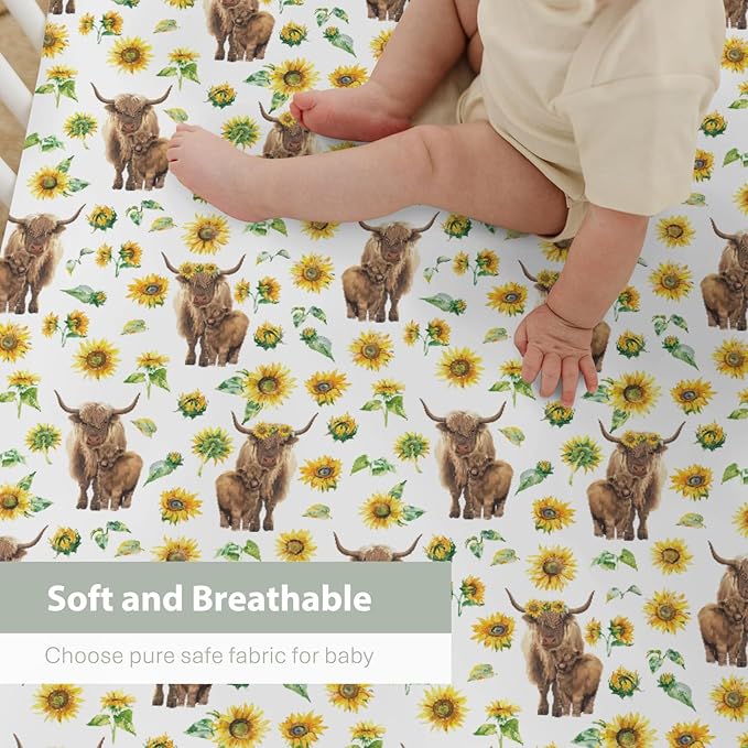 Highland Cow Sunflowers Baby Crib Sheets for Boy Girl 52"x28" Highland Cattle Yak Floral Soft Snug Fitted Crib Mattress Cover Farmland Animal Baby Sheet for Standard Crib & Toddler Bed Mattress