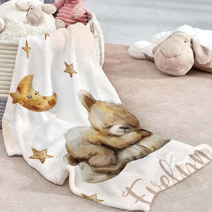 Custom Baby Crib Bedding Set, Personalized Name Star Bear Design Crib Set 3 Pcs, Soft Double Layer Blanket, Crib Sheet & Room Rug, Ideal Nursery Decor Gift for Baby Girls Boys
