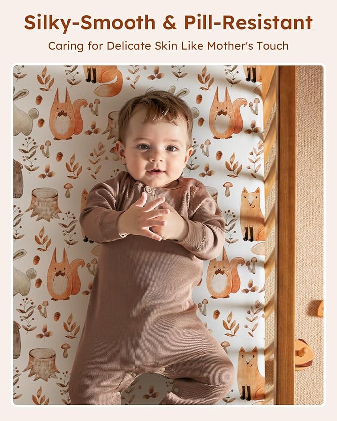 Pack and Play Sheets Fitted 3 Pack, Mini Crib Sheets for Pack N Play Mattress Stretchy Portable Playard Sheets, Soft Breathable Green & Brown Fox