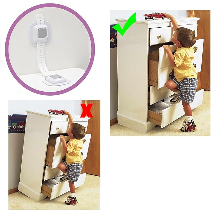 No Drill Furniture Anchor, Anti-tip and Adjustable Strap for Baby Proofing, 3M Adhesive Multi-Purpose for Furniture, Secure to Playroom (2 Pack)