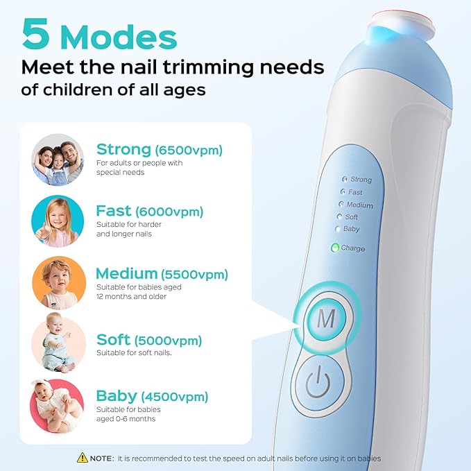 COSLUS Rechargeable Baby Nail File: Cordless Baby Nail Trimmer Electric, Baby Nail Clipper with 5 Speeds & 6 Grinding Heads for Baby Kid, CPC Certified & Quiet Design - Safe for Sleep Trim, C52 Blue