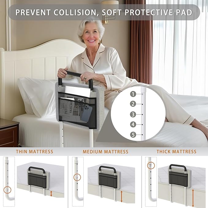 Bed Rails for Elderly Adults Safety, Bedside Mobility Assistant Railing with Padded, Bumper & Storage Pocket, Medical Support Bar for Twin, Full, Queen, King, Bunk, Dorm Beds, Gray