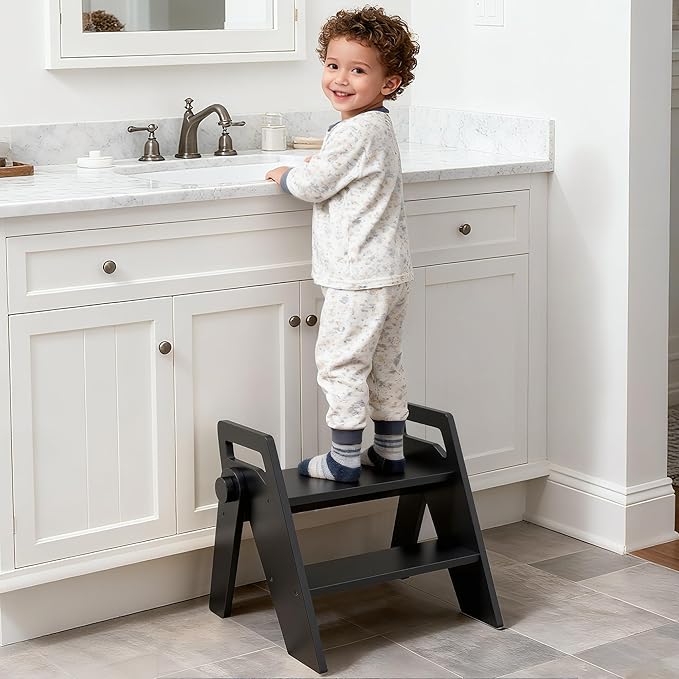 HOMEKOL Toddler Kids Step Stool: Wooden 2 Step Stool for Bathroom Sink, Foldable, Black