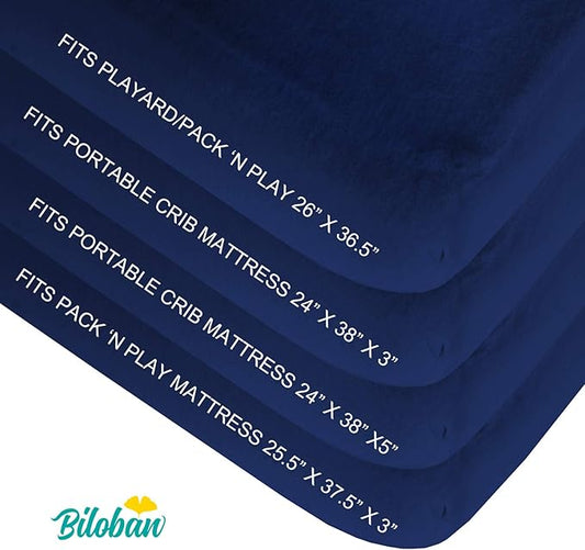 Biloban Pack and Play Sheets Fitted Waterproof 2 Pack, Compatible with Baby Graco Pack n Play/Playard and Other 38" X 26" Playpen Mattress, Navy
