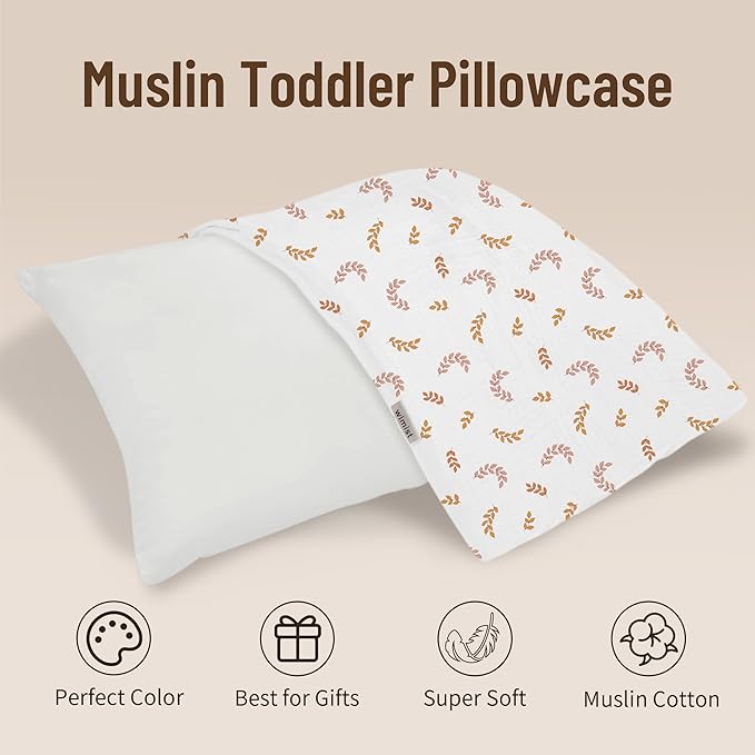 Toddler Pillowcases for 14"x20" Pillow 2 Pack, Muslin Small Toddler Baby Kids Travel Pillow Covers for Boys Girls with Envelope Closure (Brick & Leaf, 14 x 20 Inch)