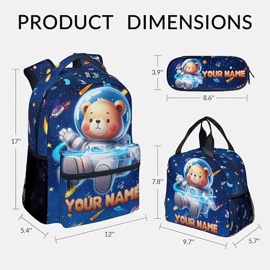 GiftoFLUX Bookbag for Boys - Personalized Bear Backpack Set for Kids Girls - Custom Backpacks for Toddlers - Planet School Bag for Kindergarten/Preschool/Elementary(17 Inch)
