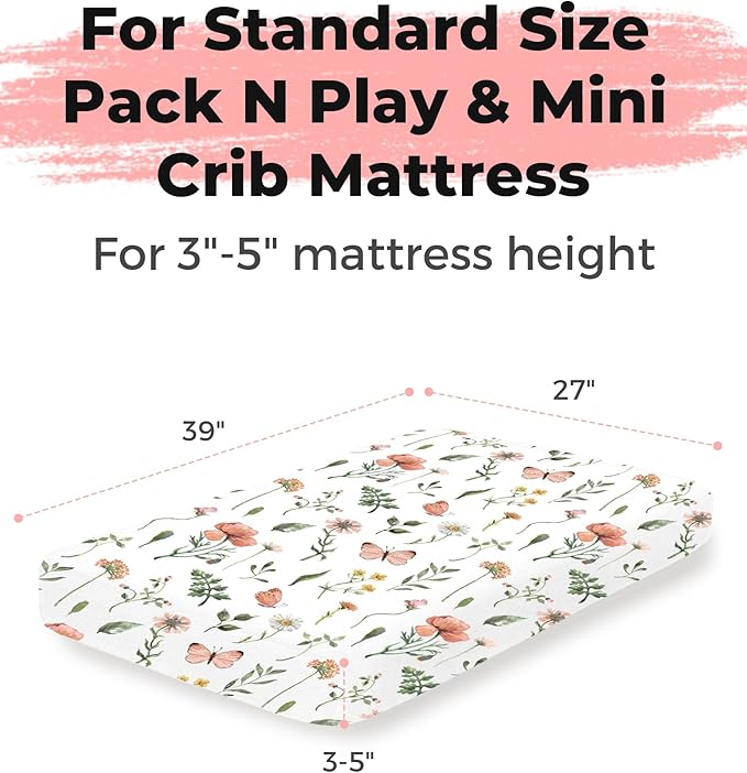 Pack and Play Sheets 2 Pack, Fitted Jersey Knit Mini Crib Sheets for Baby Boys and Girls, Compatible with Graco Pack N Play and Mini Crib Mattress (Butterfly Garden, Pack N Play/Mini Crib Sheets)