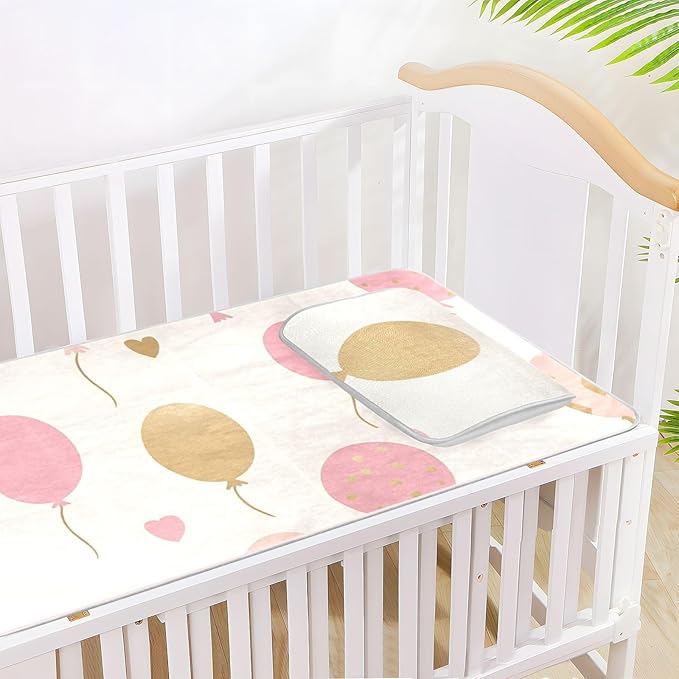 Cooling Baby Mattress Protector Pads 28" x 52"Absorbent Crib Padding for Sides for Baby&Toddler Balloon Beige Heart Gold Peach