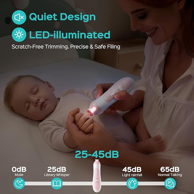 COSLUS Rechargeable Baby Nail File: Cordless Baby Nail Trimmer Electric with 5 Speeds & 6 Grinding Heads for Baby Kid, CPC Certified and Quiet Design - Safe for Sleep Trim Buffer, C52, Pink