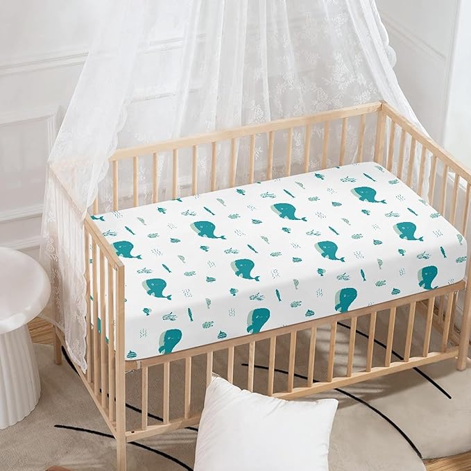 Blue Whale Anemons Fishes Seaweeds Waves Fitted Crib Sheet Blue Whale Baby Crib Sheet Fit Standard Crib and Toddler Mattress,Crib Mattress Sheets for Boys Girls 28"x52"