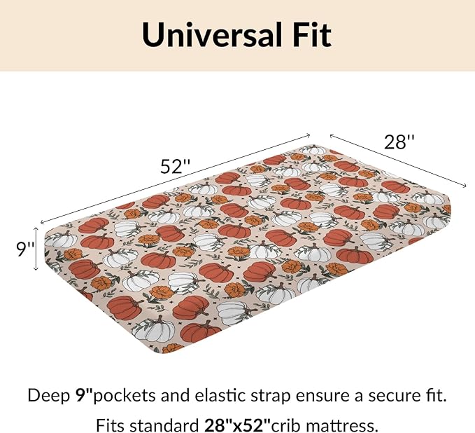 Boho Fall Pumpkin Floral Baby Crib Sheets Retro Autumn Pumpkin Flowers Thanksgiving Baby Sheets Fitted Crib Mattress Cover for Standard Crib Toddler Mattresses 28x52in