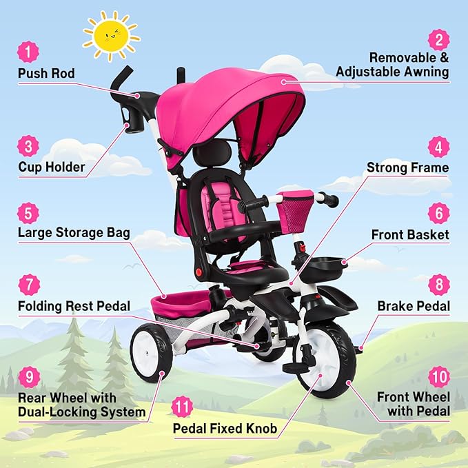 Baby Tricycle, 7 in 1 Folding Toddler Bike w/Removable Adjustable Push Handle, Canopy, Rotatable Seat, Safety Harness, Cup Holder & Storage, Trike for 1-5 Year Old (Pink)