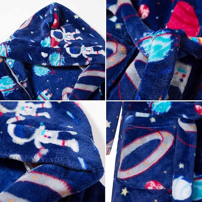 SANGTREE Boys Girls Robe Fleece Hooded Soft Toddler Bathrobe Cute Boys Bathrobe Fuzzy Plush Robes for Kids, 2-12 Years