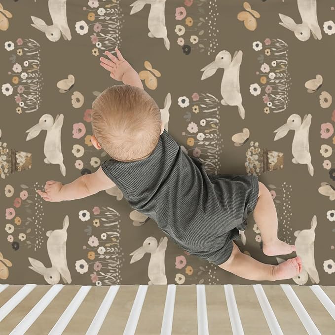 Vintage Hopping Bunnies Baby Crib Sheets for Boy Girl 52x28Inch Retro Rabbits Boho Floral Soft Stretchy Fitted Crib Mattress Cover Spring Easter Baby Sheet for Standard Crib & Toddler Mattresses
