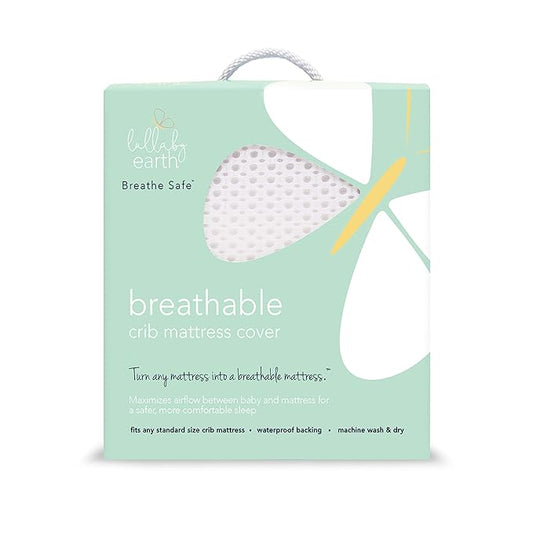 Lullaby Earth Breathe Safe Air Breathable Crib Mattress Pad, Removable Mattress Cover with Waterproof Layer for Baby and Toddler Beds, Standard Crib Size White