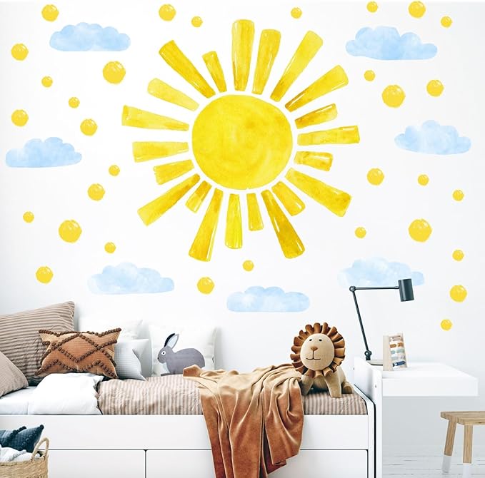 Eutecado Large Sun Wall Decals Cloud Polka Dots Wall Stickers for Girls Room, 12 Sheets Watercolor Sun Wall Decor Stickers Cute Cloud Wallpaper Delicate Decorations for Kids Room Bedroom