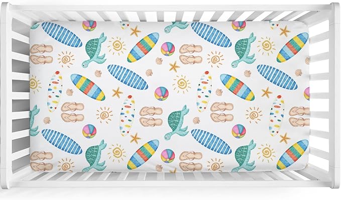 Boho Summer Beach Surf Baby Crib Sheet 52''x28'' Colorful Surfboard Sun Turtles Stretchy Fitted Crib Mattress Sheet for Boy Girl Holiday Soft Baby Bed Sheets for Standard Crib and Toddler Mattress
