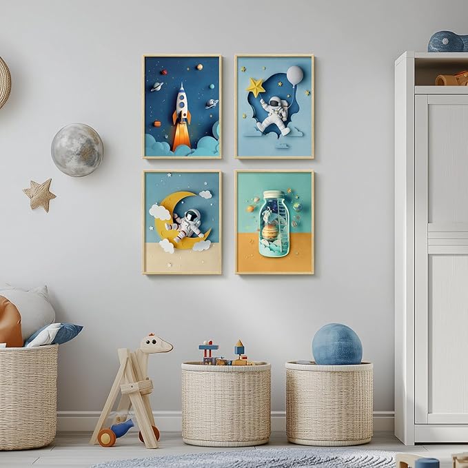 Framed Space Astronaut Cool Wall Art for Nursery Decor, 4 Piece Modern Space Themed Canvas Prints Artwork for Walls, Rocket Pictures for Bedroom, Kids Room, Baby Room, Boys Room, Bathroom Wall Decor
