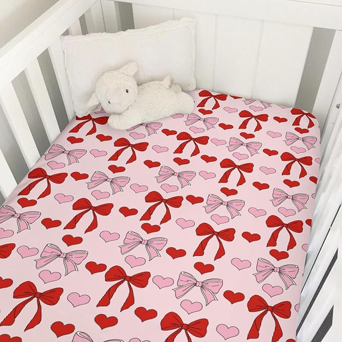 Ribbon Bows Heart Baby Crib Sheets for Boys Girls Pink Red Bows Ribbon Soft Stretchy Fitted Crib Mattress Covers for 52''x28'' Standard Crib & Toddler Mattress Baby's First Valentine's Love Bed Sheets