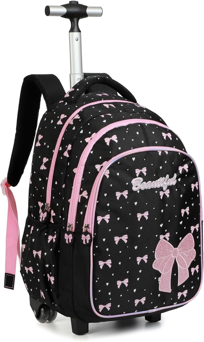 kingdisen Women Large Rolling travel Backpack for kids, Wheeled Backpack with Adjustable Shoulder Straps, Nylon Book Bag 3pc Set (BOWKNOT BLACK)