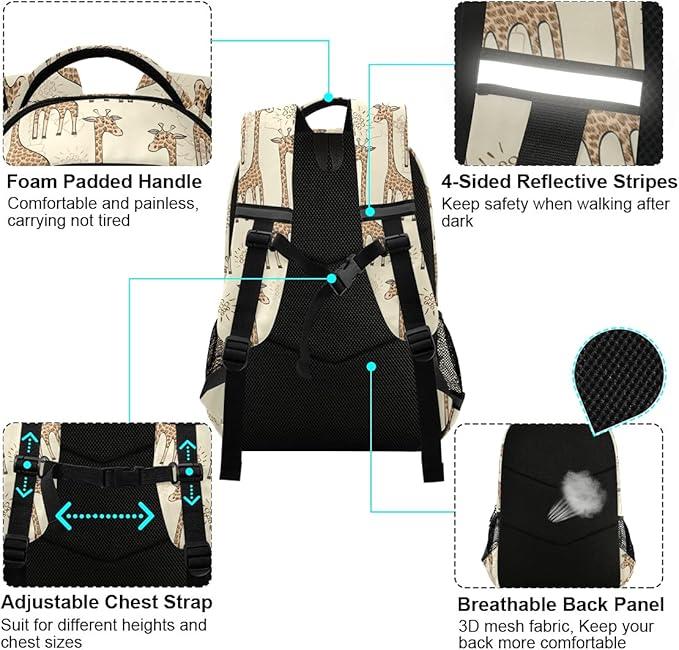 MNSRUU School Backpack with Chest Strap, Animal Cute Giraffe Laptop Backpack, Travel Hiking Backpack for Boys Girls, Rucksack, Knapsack One Size