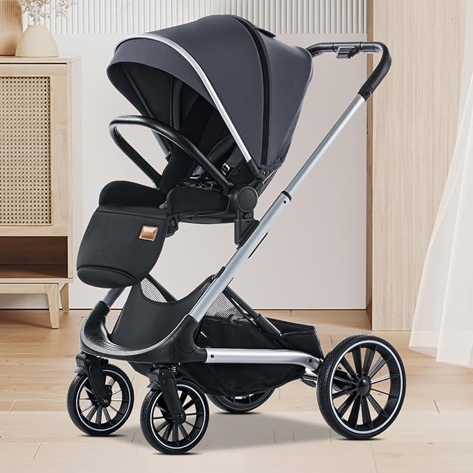 Reversiable Stroller,Toddler Pram with Convertible Seat, Foldable Travel Strollers with Lying Model, Stroller High Landscape Oversized Wheels.Luxury Baby Carriage Suit Toddler Infant,Gray (Gray)