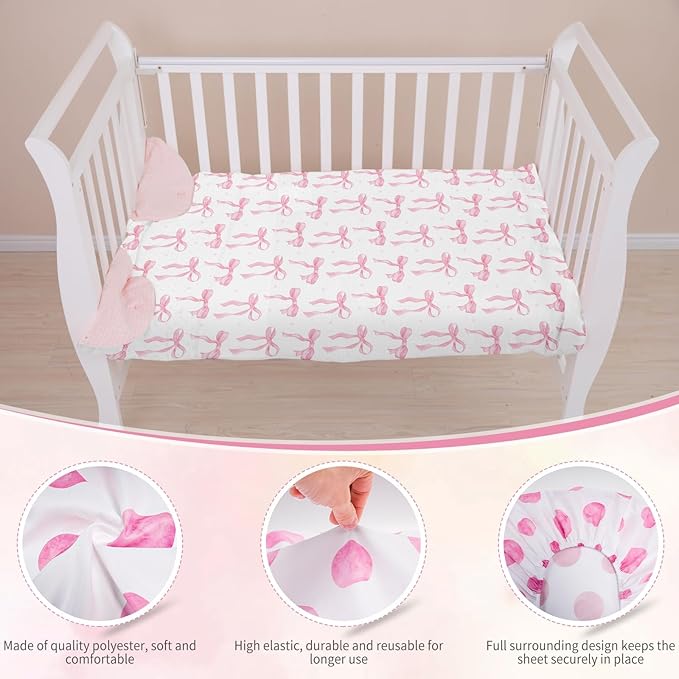 2 Pack Crib Sheets for Girls, Pink Baby Girl Crib Sheets, Bow Bed Sheet Set, 52'' x 28'' for Standard Crib Mattress, Stretchable Soft Toddler Aesthetic Nursery Decor (Crib)