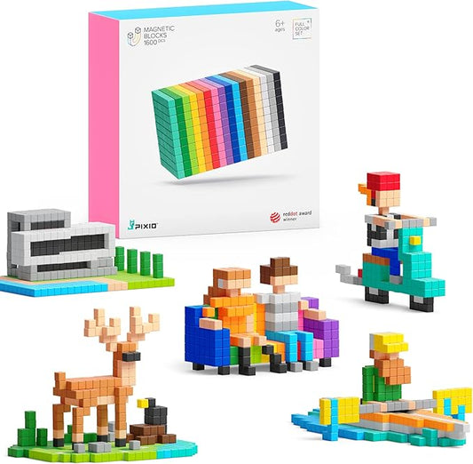 PIXIO-1600pcs Magnetic Blocks - Pixel Art Building Toys - Open Ended Toys - Geek Gifts - Display Desk for Office for Adults - Tiny Toys Magnet Blocks