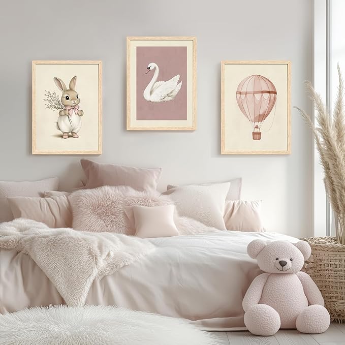 Hianan Pink Baby Girl Nursery Wall Decor Cute Bunny Wall Art Cozy Rabbit Canvas Artwork Elegant Swan Poster Prints Vintage Hot Air Balloon Painting Prints for Kid's Room Baby Room Wood Framed 12"x16"x3