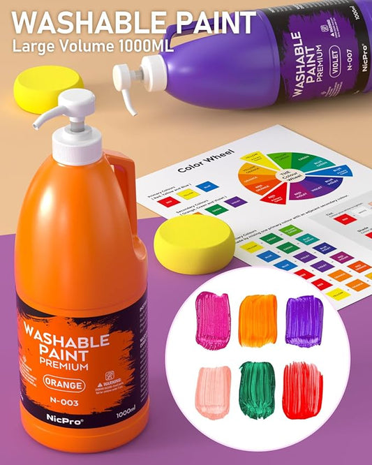Nicpro 14 Colors Large Washable Paint Set (33.8 oz, 1000ml), Acrylic Bulk Paint Supplies Non Toxic Children Tempera Paint for Art, Craft DIY, Poster & Finger Paint, School, Home,Classroom
