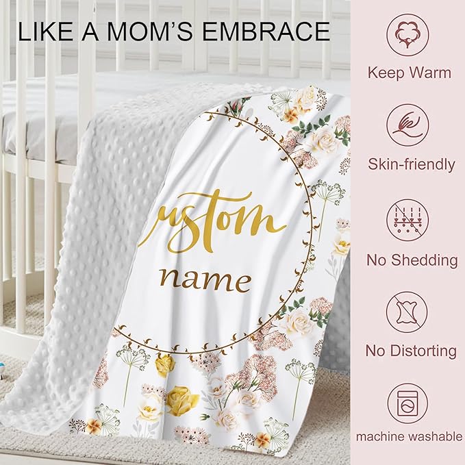 Personalized Crib Bedding Set for Boys Girls, Custom Baby Crib Sets with Name, Pink Flowers Design Nursery Bedding 2 Piece - Soft Blanket with Double Layer Dotted Backing, Crib Fitted Sheet