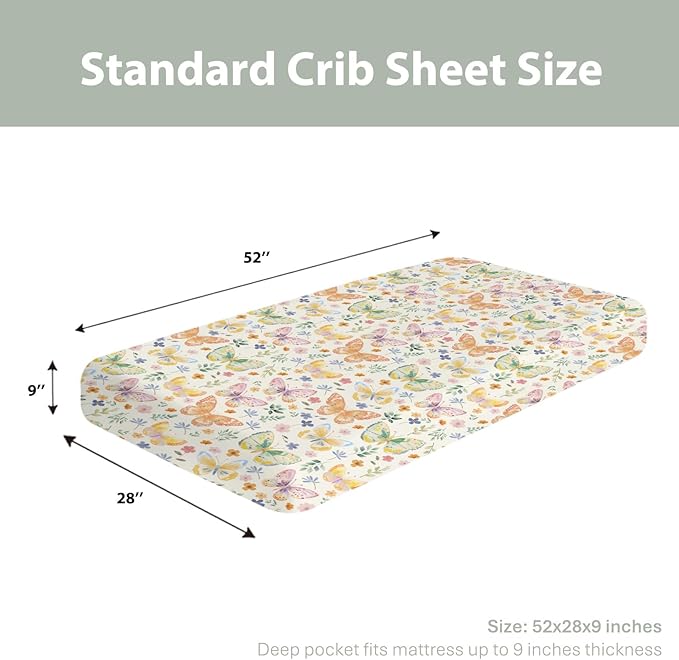 Watercolor Butterflies Spring Floral Baby Crib Sheets Boy Girl 52"x28" Pastel Flowers Leaves Soft Stretchy Fitted Crib Mattress Cover Easter Garden Baby Sheet for Standard Crib and Toddler Mattress
