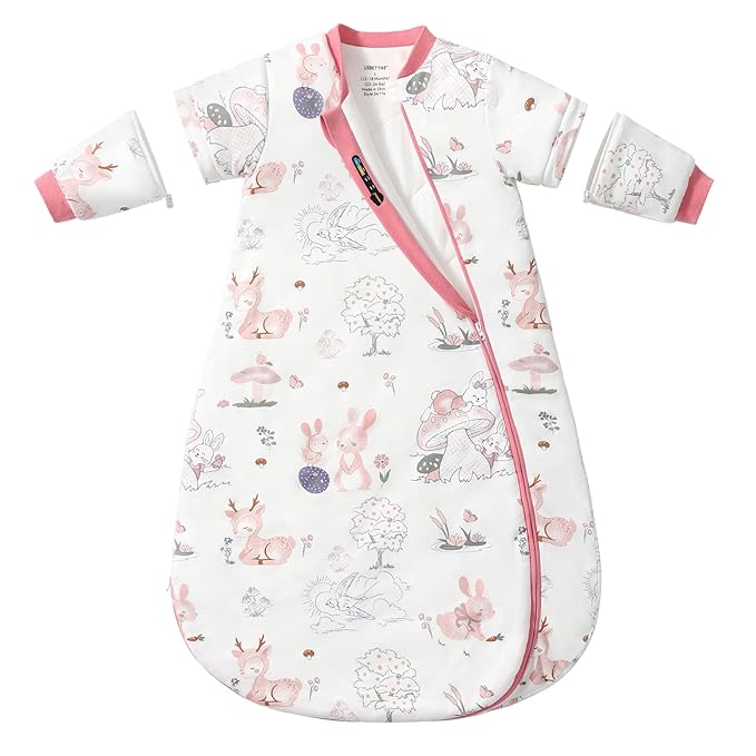 Baby Sleep Sack 12–18 Months, 2.5 TOG Warm Cotton Sleep Sack with Detachable Long Sleeves, Winter Wearable Blanket for Cold Nights, 2-Way Zipper Toddler Sleeping Sack, Bunny